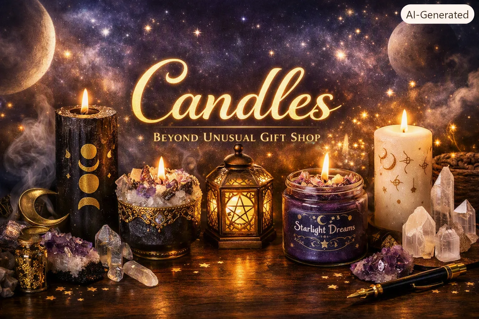 Starlight Dreams candle collection with crystals and celestial decor