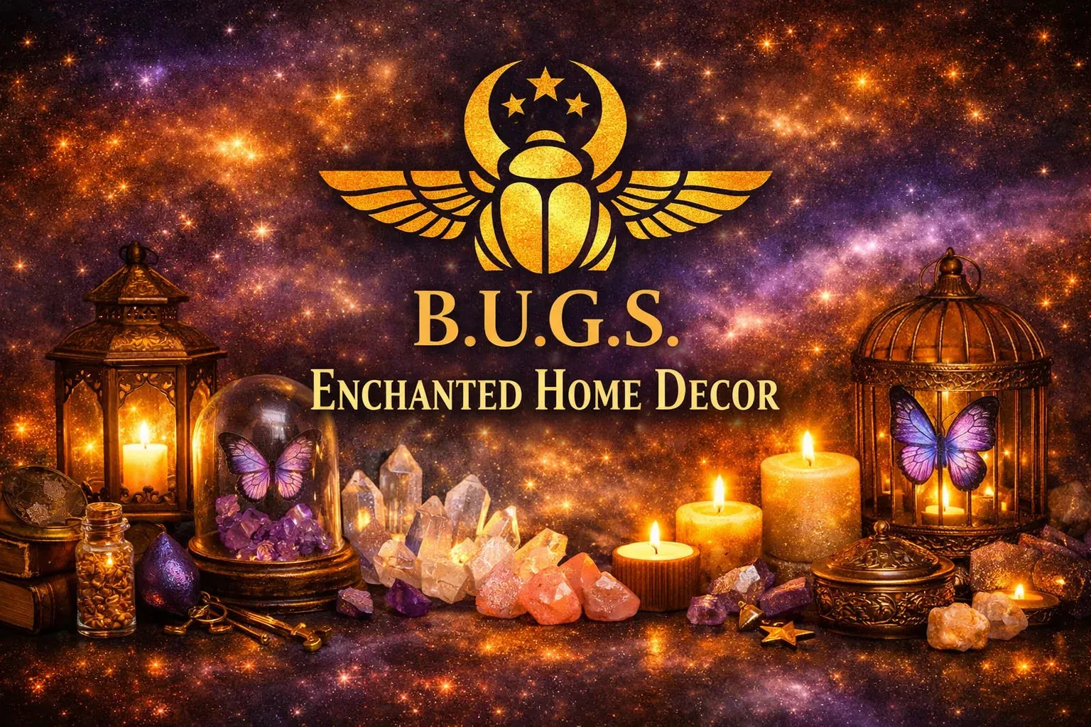 Enchanted home decor with lanterns, candles, crystals, and butterflies